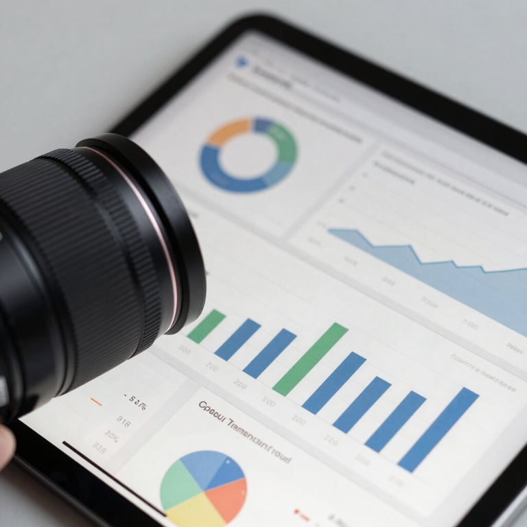 A high-quality close-up of a digital tablet showing professional analytics on a light grey background.