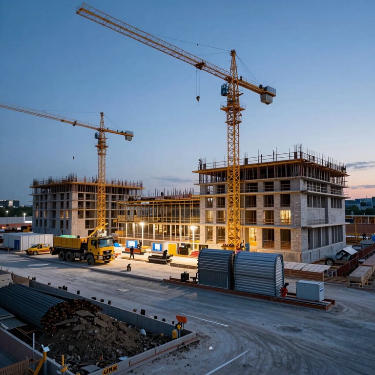 Evening shot of a modern construction site with professional lighting, highlighting the efficiency and cleanliness of the Raik Rakennus Oy workspace.