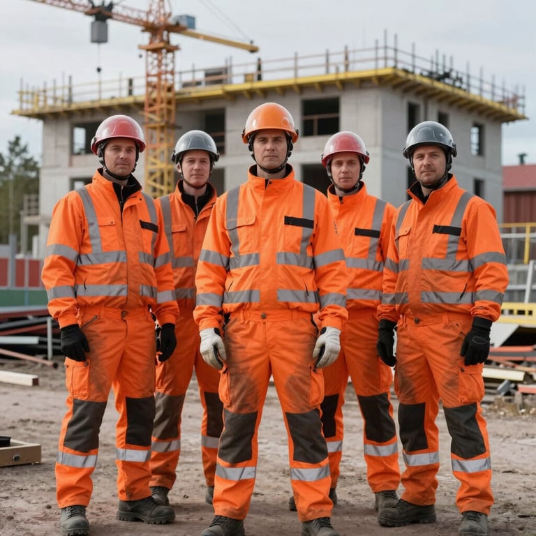 Professional construction team standing confidently in front of a project in Northern European / Finnish setting, wearing Vibrant Safety Orange gear.