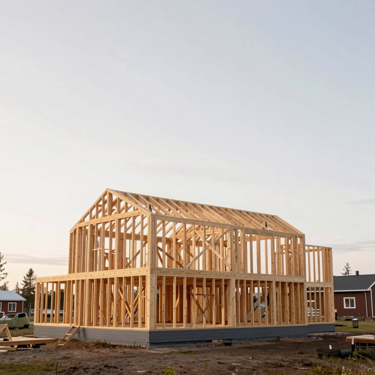 A wide-angle shot of a newly finished premium house frame in a Northern European / Finnish residential area under a Soft Off-White sky.