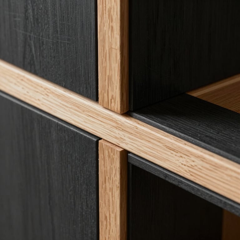 Close-up of high-quality wood joints and construction finishing, showing Dark Slate Black and natural wood textures.