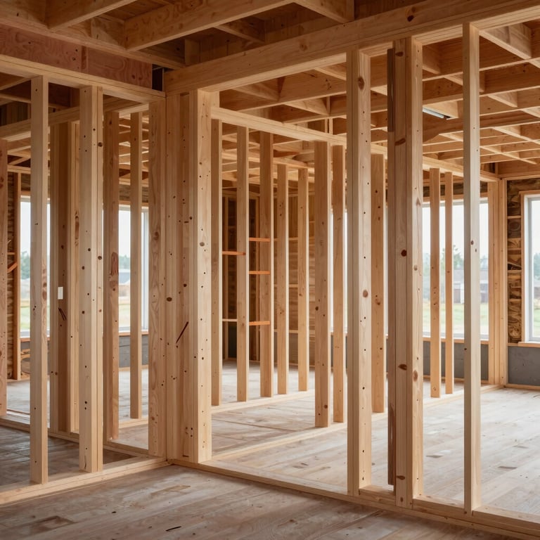 Interior view of a sturdy house frame, showcasing the precision and high-quality workmanship of Finnish construction.