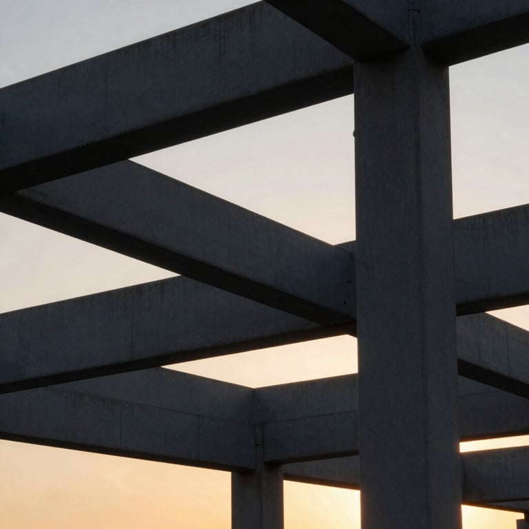 Abstract architectural shot of structural beams against a sunset, featuring strong contrasts and Charcoal Grey tones.