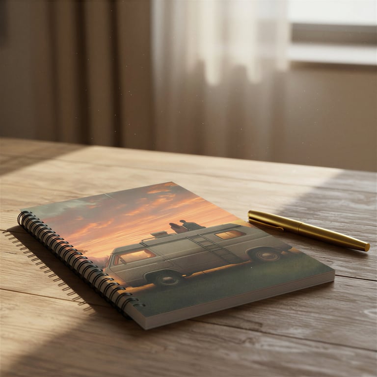 Spiral notebook with vintage camper van design.