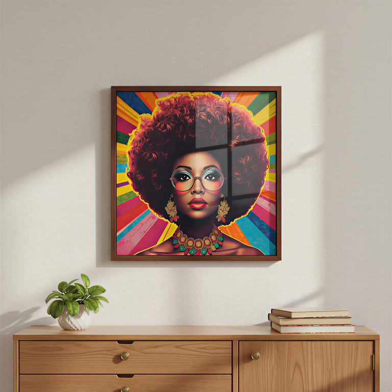 Framed 1970s pop art print of a Black woman.