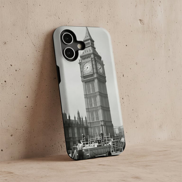 Phone case with historical photo of Big Ben construction.
