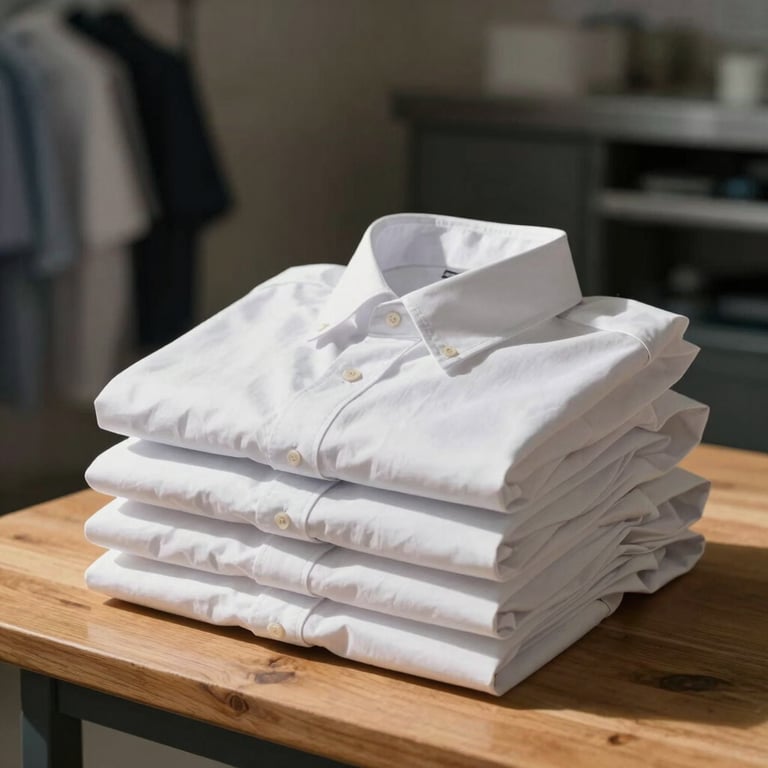 A stack of perfectly ironed white shirts on a wooden table in a sunlit Porto-Vecchio laundry.
