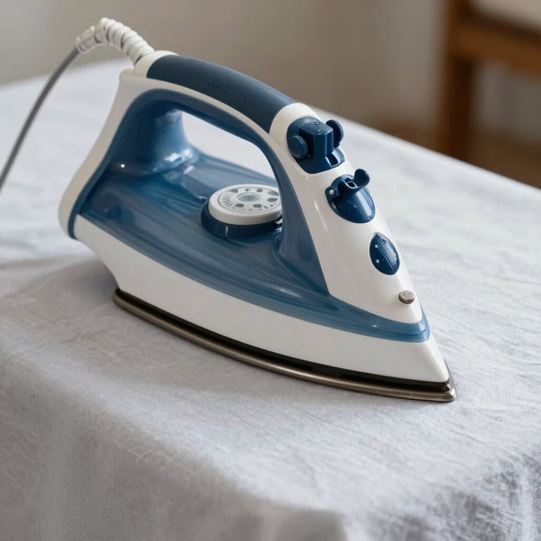 Close-up of a professional steam iron smoothing high-quality tablecloths.