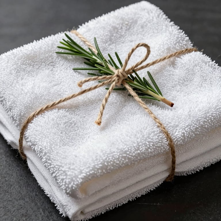 Beautifully folded towels tied with a natural twine and a sprig of rosemary.