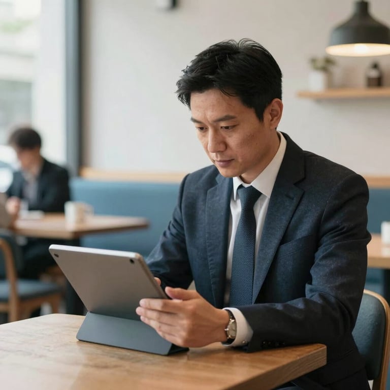 A professional North American business owner working on a tablet in a bright, modern cafe with slate blue accents.