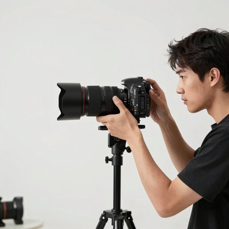 A professional photographer in a bright studio environment focusing on a clean brand setup with high-end equipment.