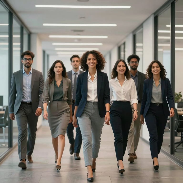 A diverse group of team members in North American business casual attire walking through a sleek, modern office corridor.