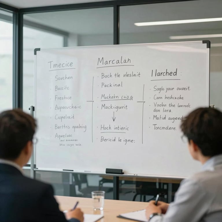 A collaborative brainstorming session in a glass-walled meeting room showing a whiteboard with clean, structured marketing notes.