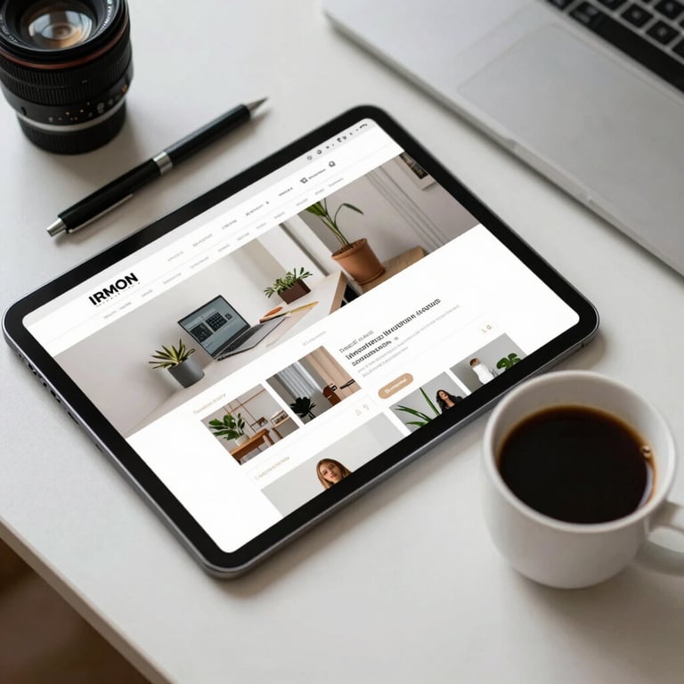 High-angle shot of an organized desk featuring a tablet showing a mobile-friendly website design and a cup of black coffee.