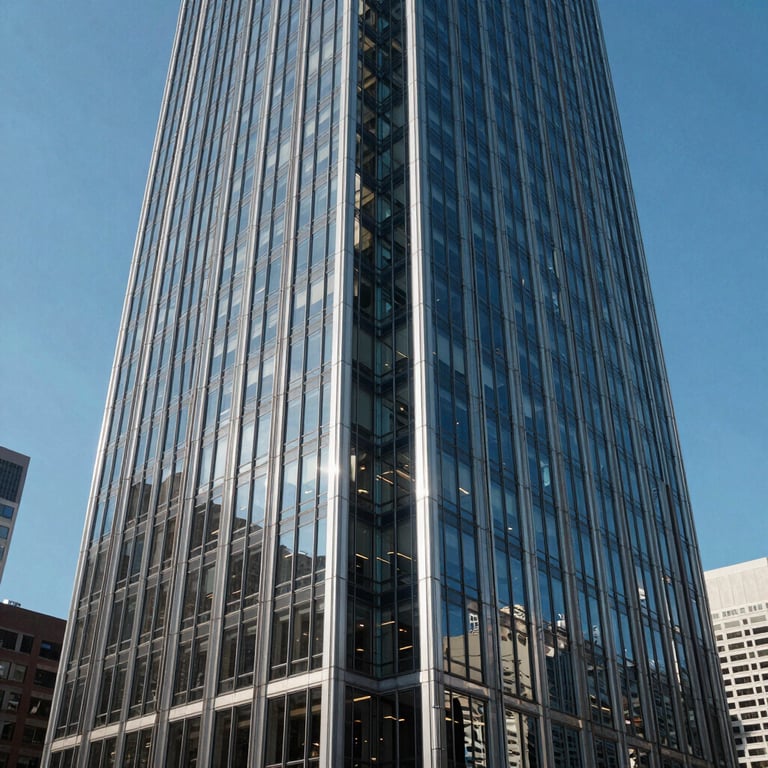 A modern skyscraper exterior with glass panels reflecting a clear blue sky in a major North American business district.