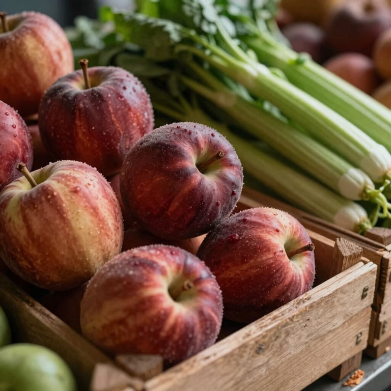 Close-up photography of fresh local produce in wooden crates at a Canadian farmers market, earthy tones of red and green.