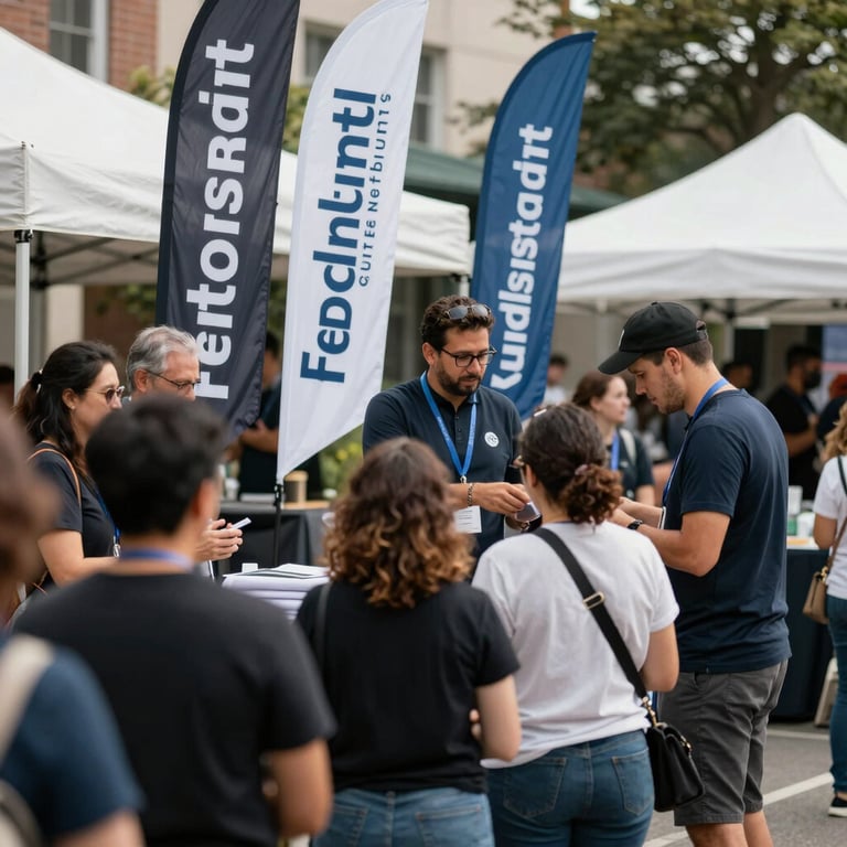 Photography of a local community event hosted by the federation, with banners and people collaborating in a professional outdoor setting.