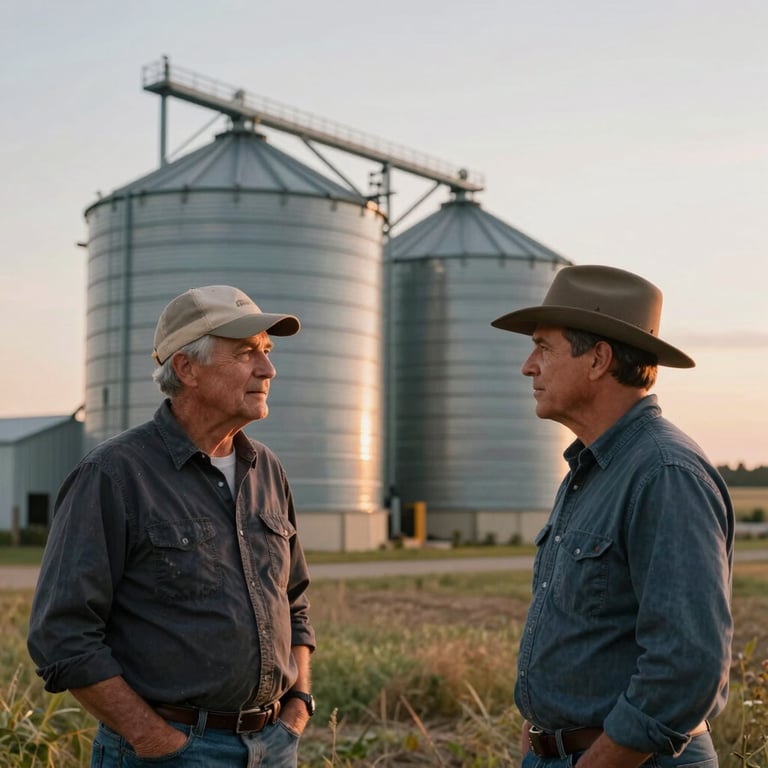 Photography of two farmers in professional conversation by a modern grain silo, North American rural landscape, sunset lighting.