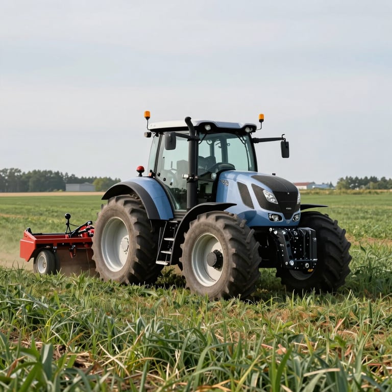 A wide shot of a modern tractor moving through a medium green field in North American Huron County, high-tech farming in action.