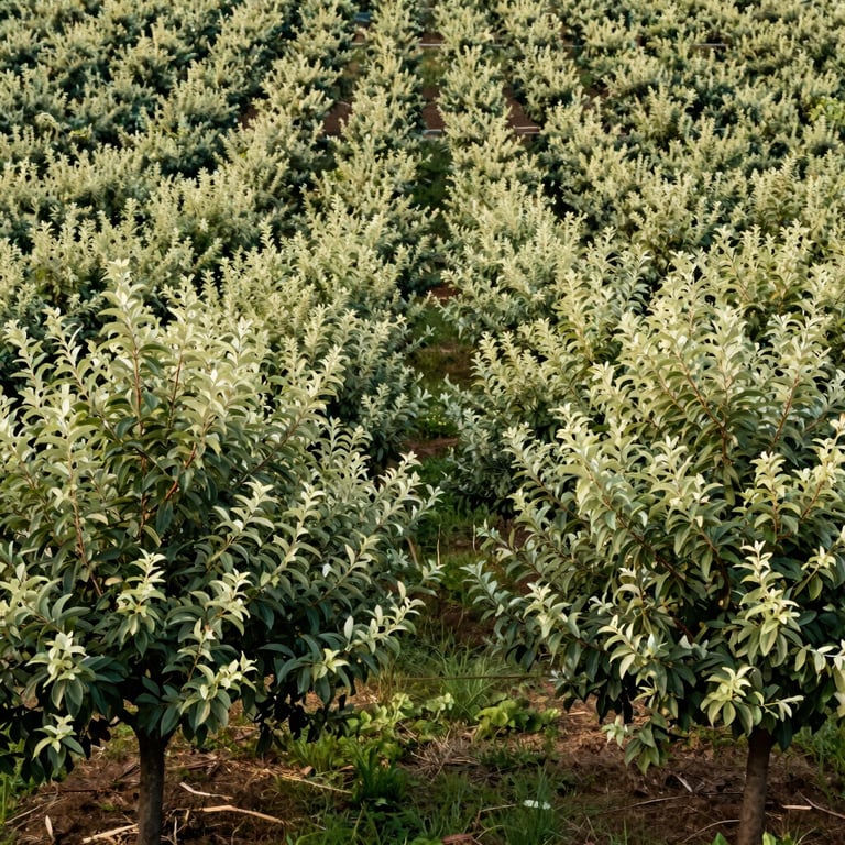 A landscape view of a sustainable orchard with pale green leaves and rows of trees, reflecting environmental stewardship.