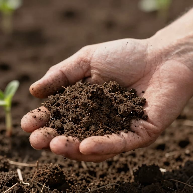 A detailed shot of healthy dark soil being held by a hand in a field, symbolizing growth and resilience.
