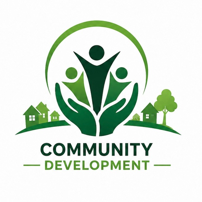 Green community development logo featuring human figures in cupped hands with house and tree icons.