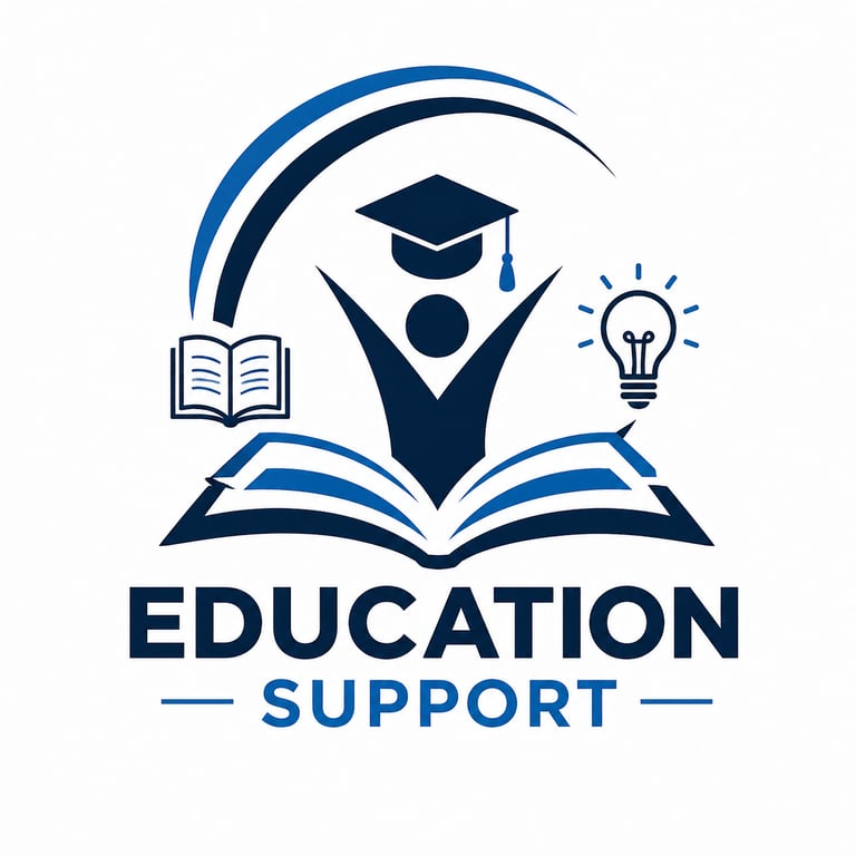 Education support logo featuring a graduate icon, open book, and light bulb in blue and white.