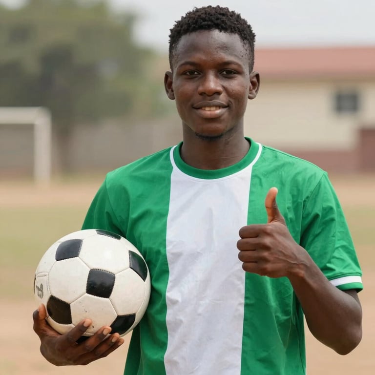 A young male soccer player in a green and white jersey holding a football and giving a thumbs up.