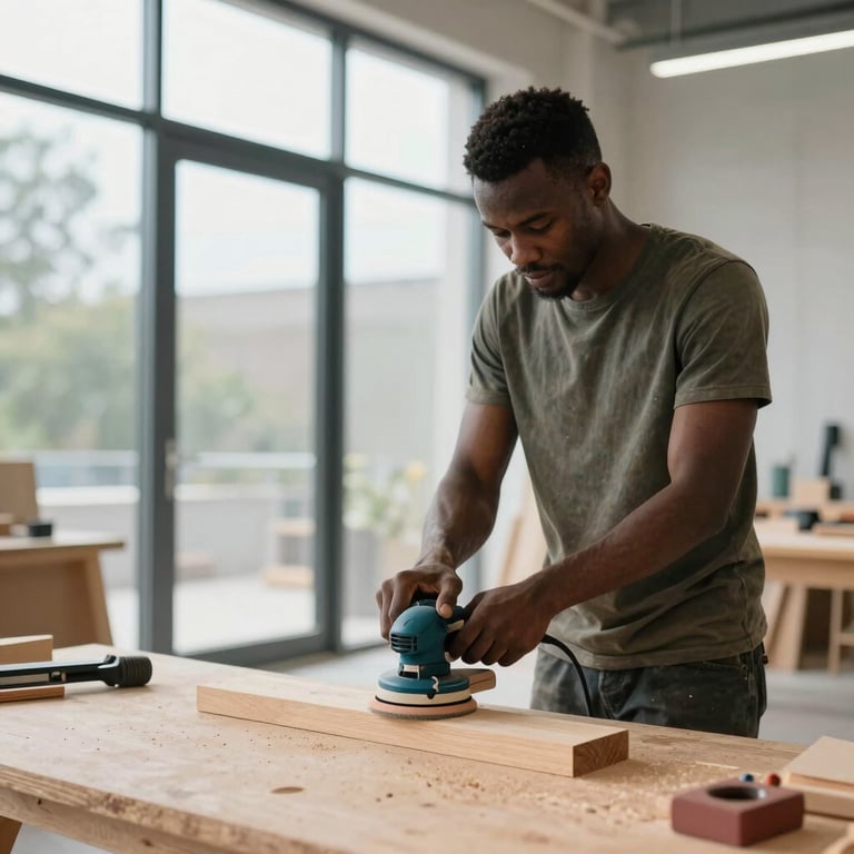 A male carpenter using an electric orbital sander to smooth a wooden plank in a professional woodworking shop.