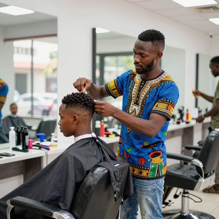 A skilled barber gives a male client a haircut and fade in a modern barbershop setting.