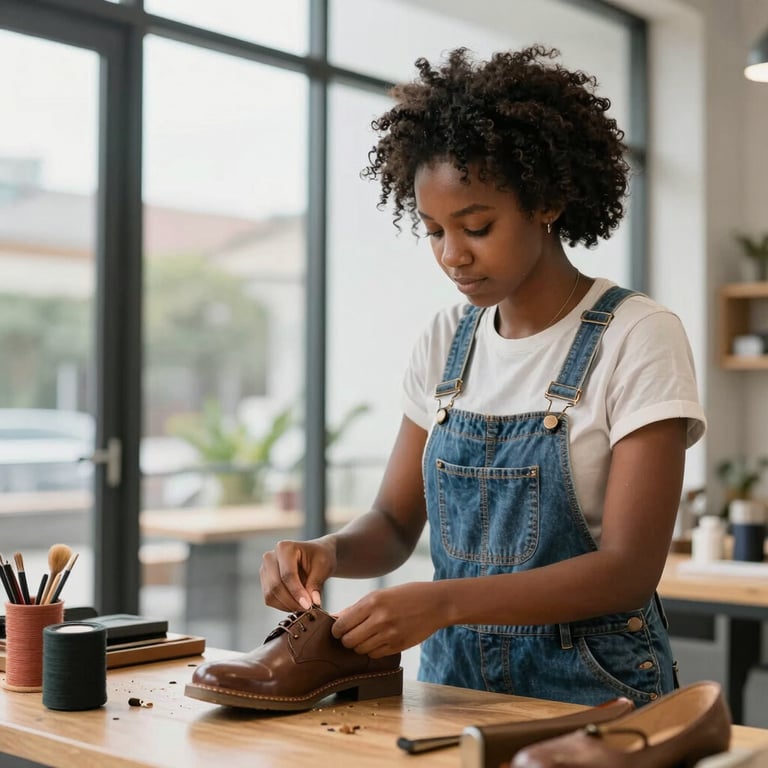 A female artisan cobbler in denim overalls repairing a brown leather dress shoe in a bright workshop.
