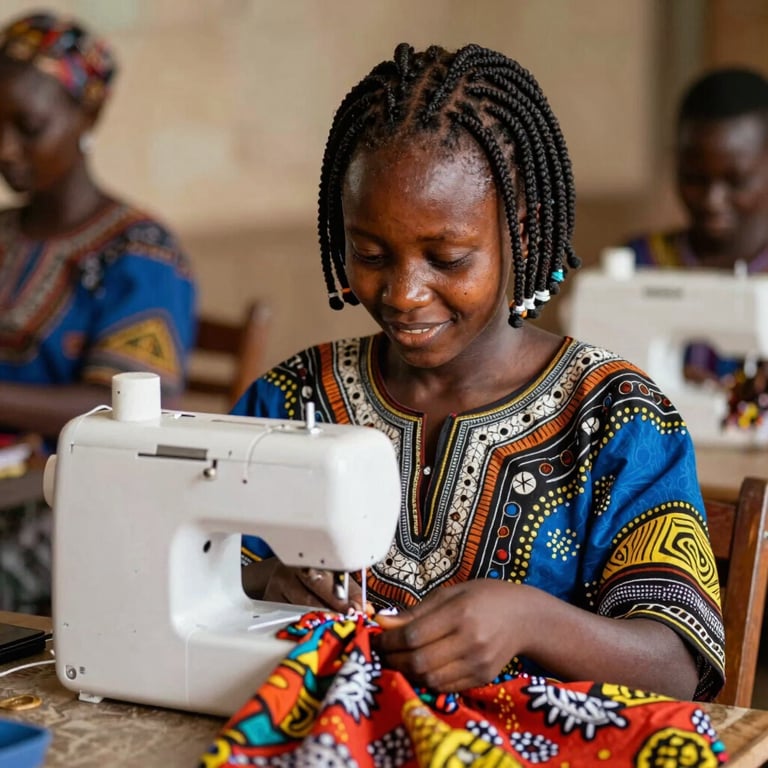 A smiling African woman with braided hair uses a white sewing machine to sew colorful patterned fabric.