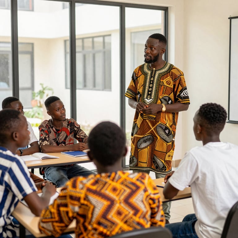 A teacher in traditional African dashiki leads a classroom discussion with students at a university.