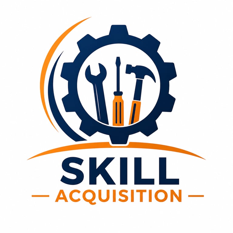 Skill acquisition logo featuring a gear icon with a wrench, screwdriver, and hammer tool icons inside.