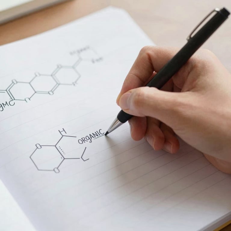 A student's hand taking neat, organized notes on organic chemistry.