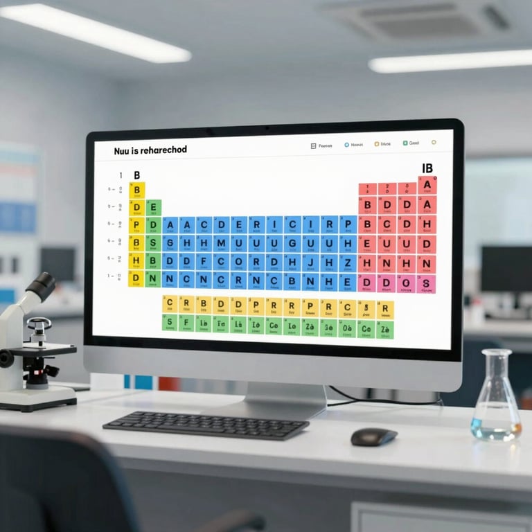 A modern workspace with a periodic table and professional scientific instruments.