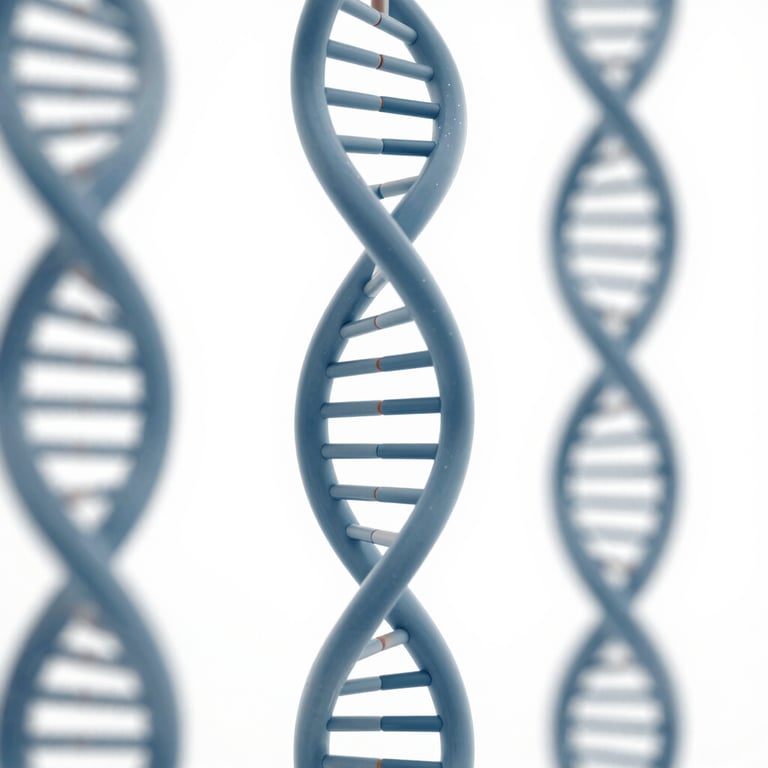 Digital art of a DNA helix in #3D6B7A and #1A2A3A shades.