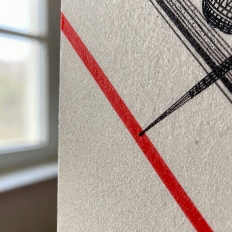 Close detail of illustration edge, ink marks and paper texture visible at macro range, a bright cadmium red accent line cutting diagonally across a neutral field, natural window light from the left