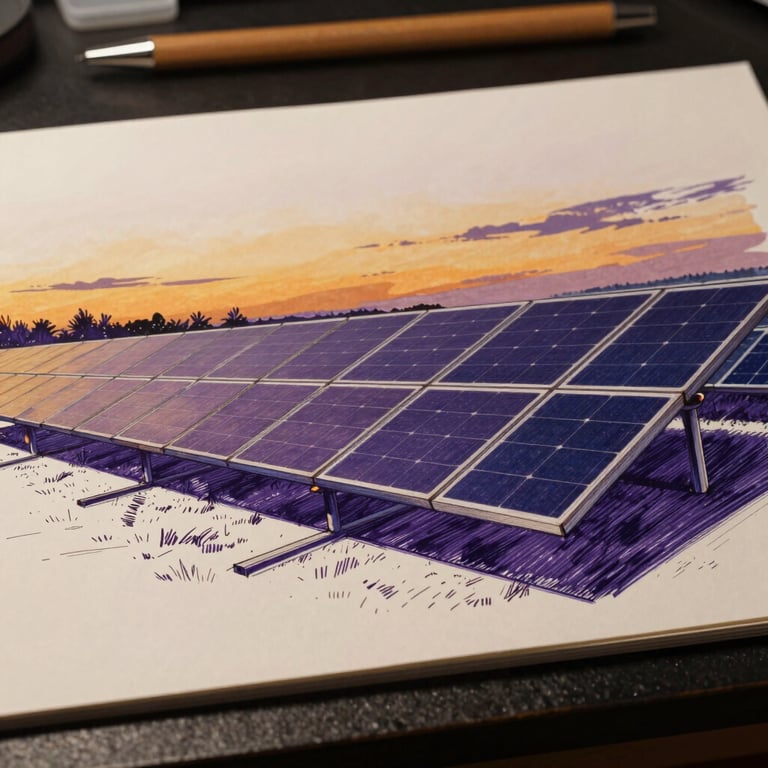 Finished illustration study of a solar panel field at dusk rendered in hand-drawn ink, warm amber sky above, deep violet shadows between rows, visible brushwork and linework on textured paper, photographed flat under even studio light