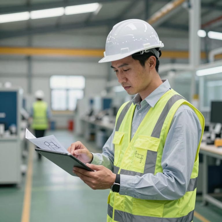 A professional assessor in clean safety gear reviewing technical blueprints on a tablet inside a modern high-tech factory floor.