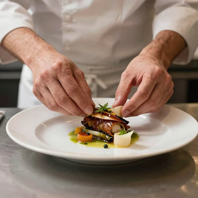 Close-up of a chef's hands plating a gourmet dish, soft warm lighting, professional culinary atmosphere.