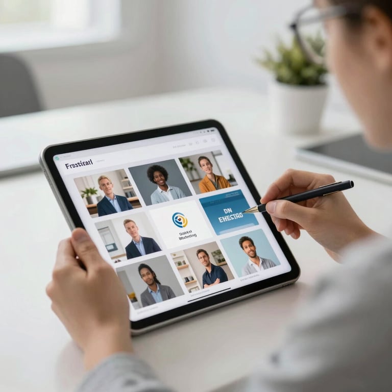 A digital marketing strategist planning a social media grid on a tablet in a bright, modern studio.