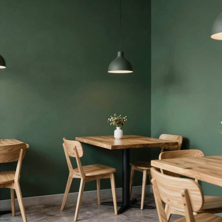 A cozy Scandinavian restaurant interior with Matte Forest Green walls and minimalist light wood furniture.