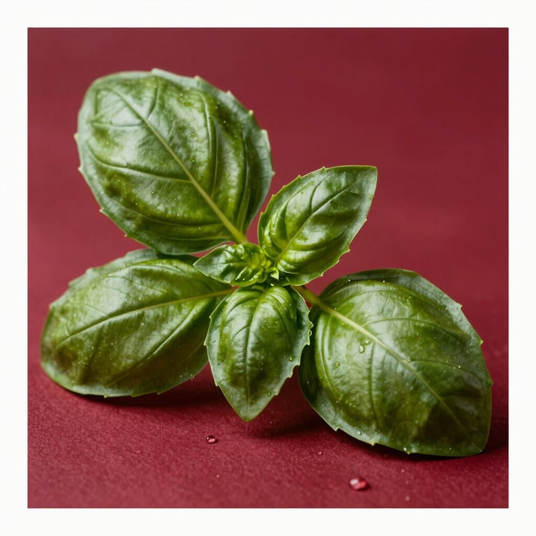 Macro shot of fresh basil leaves against a Deep Ripe Crimson background, highlighting vibrant textures.