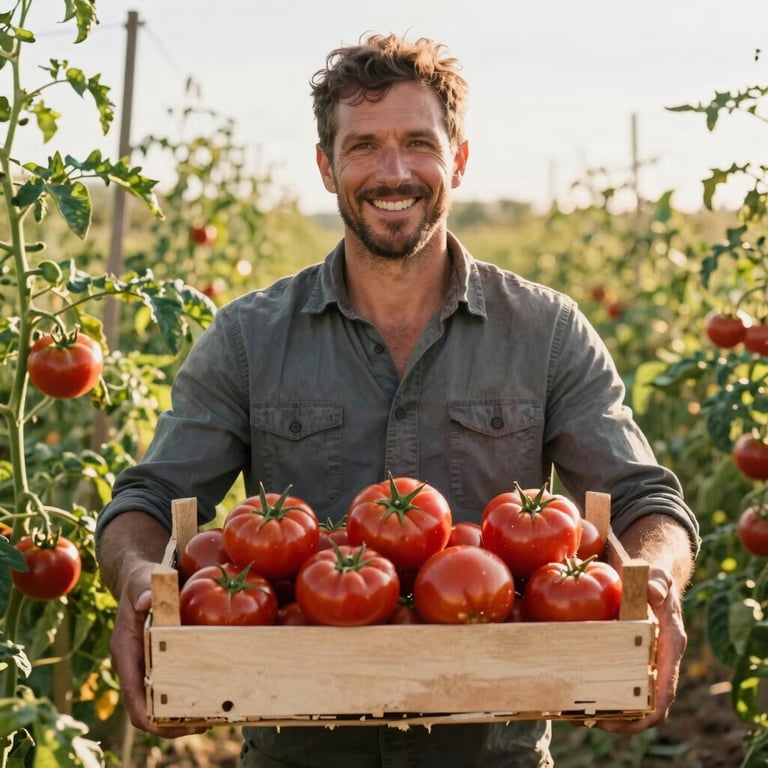 A local farmer holding a wooden crate of fresh Deep Ripe Crimson tomatoes, smiling in a sun-drenched field.