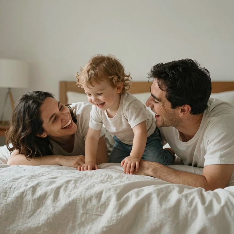 Candid shot of parents laughing as their toddler climbs over them on a linen-covered bed, soft morning light, unposed and warm.