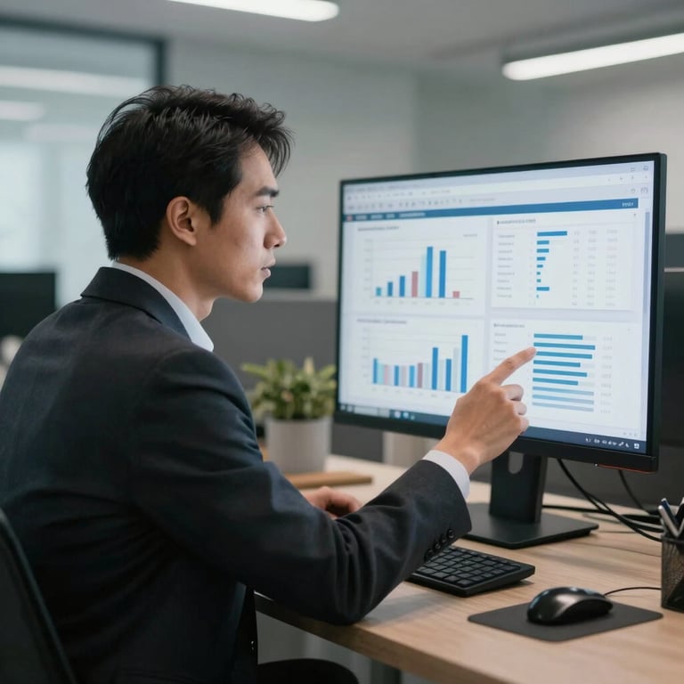 A financial consultant in professional attire reviewing analytics on a large monitor in a high-tech office environment.