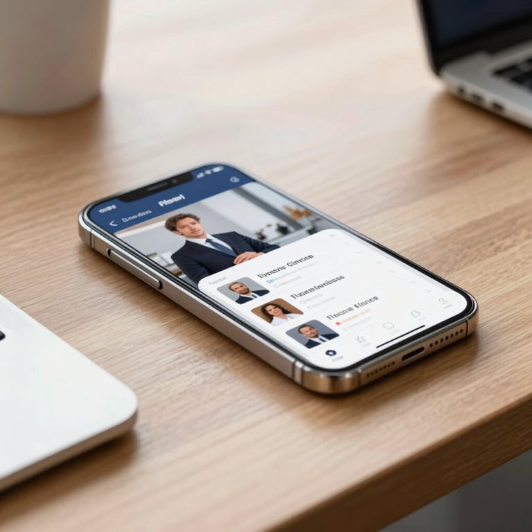 A sleek smartphone resting on a wooden desk displaying a professional finance app interface in a bright, modern setting.
