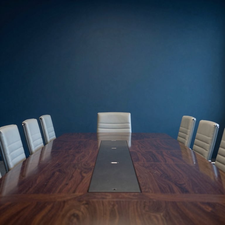 A minimalist conference room with deep blue walls and light grey chairs, reflecting professional sophistication.