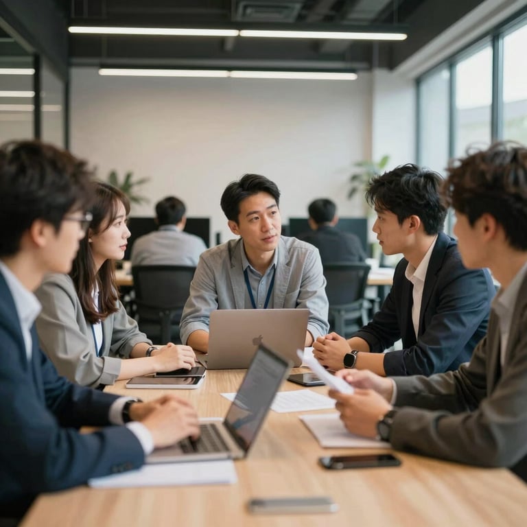 A collaborative team meeting in a modern workspace, with professionals discussing strategy in a relaxed yet focused atmosphere.